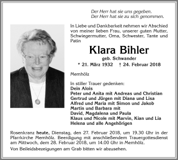 Traueranzeige von Klara Bihler von Allgäuer Zeitung,Kempten