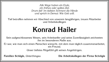 Traueranzeige von Konrad Hailer von Allgäuer Zeitung, Marktoberdorf