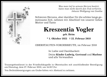 Traueranzeige von Kreszentia Vogler von Allgäuer Zeitung
