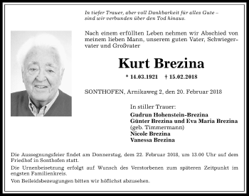 Traueranzeige von Kurt Brezina von Allgäuer Anzeigeblatt