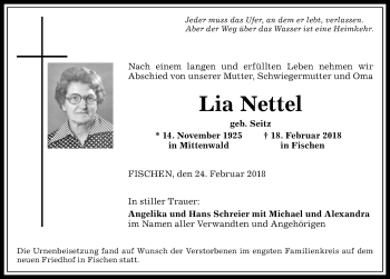 Traueranzeige von Lia Nettel von Allgäuer Anzeigeblatt