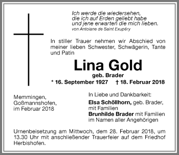 Traueranzeige von Lina Gold von Memminger Zeitung