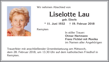 Traueranzeige von Liselotte Lau von Allgäuer Zeitung,Kempten