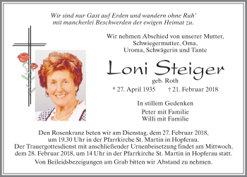 Traueranzeige von Lopni Steiger von Allgäuer Zeitung, Füssen
