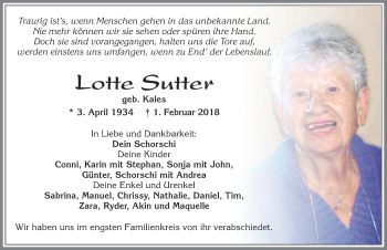 Traueranzeige von Lotte Sutter von Allgäuer Zeitung, Füssen