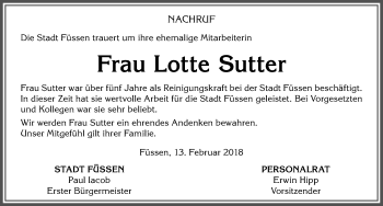 Traueranzeige von Lotte Sutter von Allgäuer Zeitung, Füssen