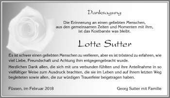 Traueranzeige von Lotte Sutter von Allgäuer Zeitung, Füssen