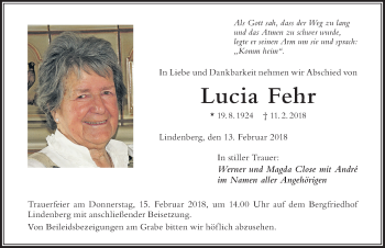 Traueranzeige von Lucia Fehr von Der Westallgäuer