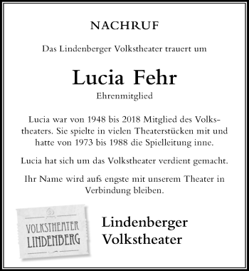 Traueranzeige von Lucia Fehr von Der Westallgäuer