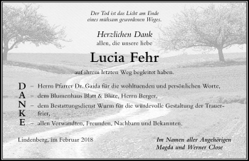 Traueranzeige von Lucia Fehr von Der Westallgäuer