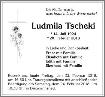 Traueranzeige von Ludmila Tscheki von Allgäuer Zeitung,Kempten