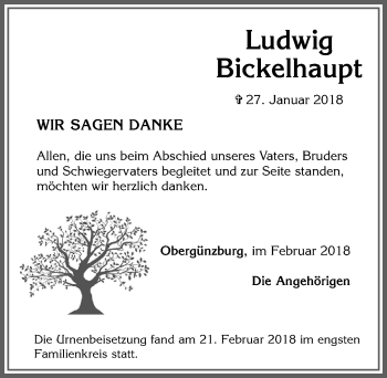 Traueranzeige von Ludwig Bickelhaupt von Allgäuer Zeitung, Marktoberdorf