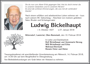 Traueranzeige von Ludwig Bickelhaupt von Allgäuer Zeitung, Marktoberdorf
