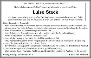 Traueranzeige von Luise Steck von Allgäuer Zeitung, Marktoberdorf