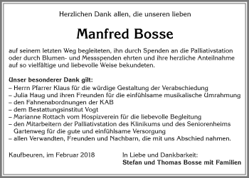 Traueranzeige von Manfred Bosse von Allgäuer Zeitung, Kaufbeuren/Buchloe