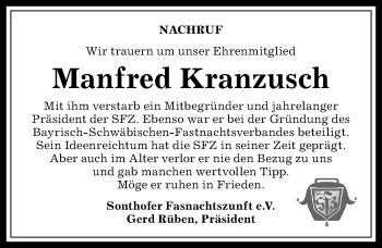 Traueranzeige von Manfred Kranzusch von Allgäuer Anzeigeblatt