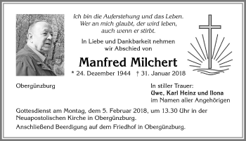 Traueranzeige von Manfred Milchert von Allgäuer Zeitung, Marktoberdorf