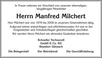 Traueranzeige von Manfred Milchert von Allgäuer Zeitung, Marktoberdorf