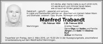 Traueranzeige von Manfred Trabandt von Memminger Zeitung