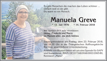 Traueranzeige von Manuela Greve von Allgäuer Zeitung, Kaufbeuren/Buchloe