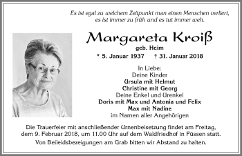 Traueranzeige von Margareta Kroiß von Allgäuer Zeitung, Füssen