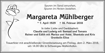 Traueranzeige von Margareta Mühlberger von Allgäuer Zeitung, Füssen
