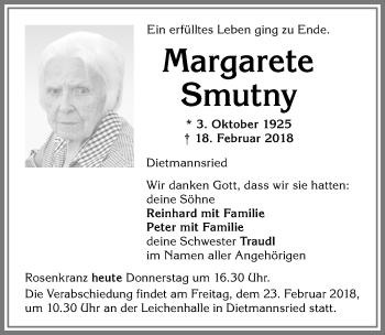 Traueranzeige von Margarete Smutny von Allgäuer Zeitung,Kempten