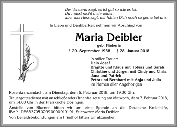 Traueranzeige von Maria Deibler von Allgäuer Zeitung, Kaufbeuren/Buchloe