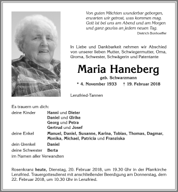 Traueranzeige von Maria Haneberg von Allgäuer Zeitung,Kempten