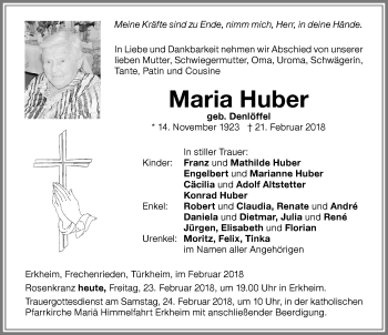 Traueranzeige von Maria Huber von Memminger Zeitung