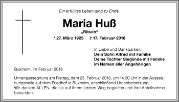 Traueranzeige von Maria Huß von Memminger Zeitung