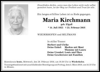 Traueranzeige von Maria Kirchmann von Allgäuer Anzeigeblatt