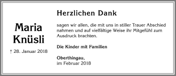 Traueranzeige von Maria Knüsli von Allgäuer Zeitung, Marktoberdorf