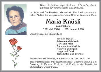 Traueranzeige von Maria Knüsli von Allgäuer Zeitung, Marktoberdorf