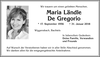 Traueranzeige von Maria Ländle De Gregorio von Allgäuer Zeitung,Kempten