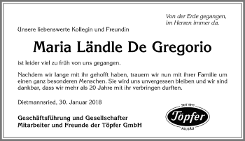 Traueranzeige von Maria Ländle De Gregorio von Allgäuer Zeitung,Kempten