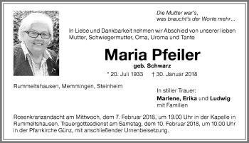 Traueranzeige von Maria Pfeiler von Memminger Zeitung