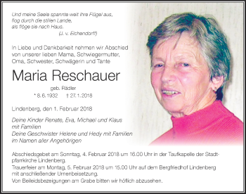 Traueranzeige von Maria Reschauer von Der Westallgäuer