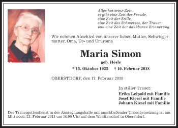 Traueranzeige von Maria Simon von Allgäuer Anzeigeblatt