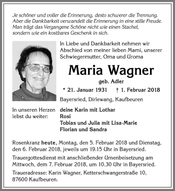 Traueranzeige von Maria Wagner von Allgäuer Zeitung, Marktoberdorf