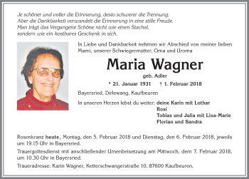Traueranzeige von Maria Wagner von Allgäuer Zeitung