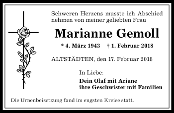 Traueranzeige von Marianne Gemoll von Allgäuer Anzeigeblatt