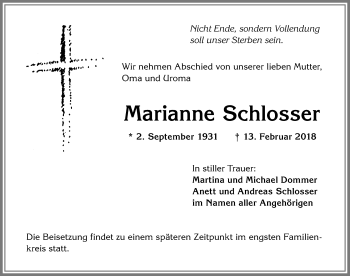 Traueranzeige von Marianne Schlosser von Memminger Zeitung