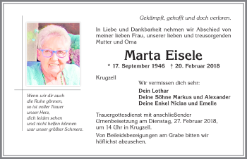 Traueranzeige von Marta Eisele von Allgäuer Zeitung,Kempten