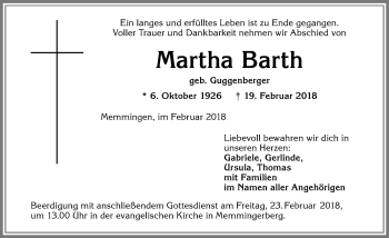 Traueranzeige von Martha Barth von Memminger Zeitung
