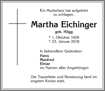 Traueranzeige von Martha Eichinger von Allgäuer Zeitung,Kempten