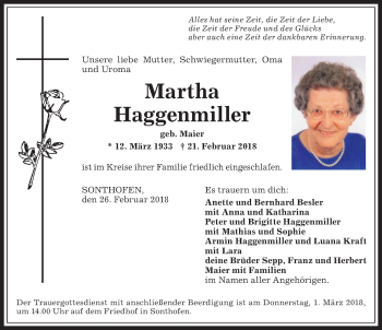 Traueranzeige von Martha Haggenmiller von Allgäuer Anzeigeblatt