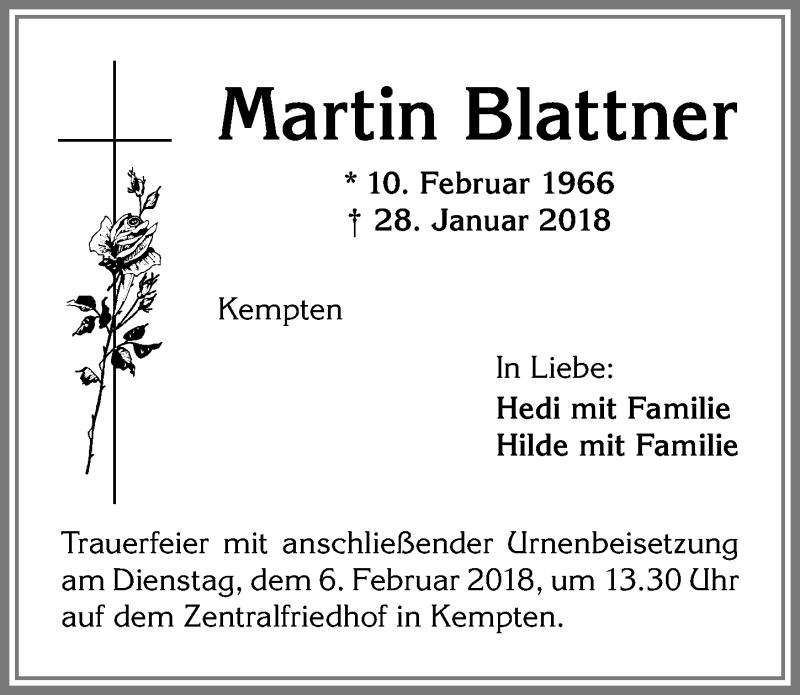  Traueranzeige für Martin Blattner vom 02.02.2018 aus Allgäuer Zeitung,Kempten