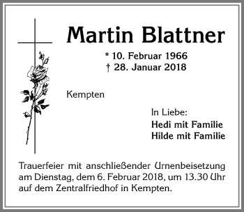 Traueranzeige von Martin Blattner von Allgäuer Zeitung,Kempten
