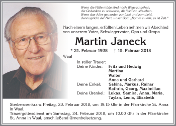 Traueranzeige von Martin Janeck von Allgäuer Zeitung, Kaufbeuren/Buchloe